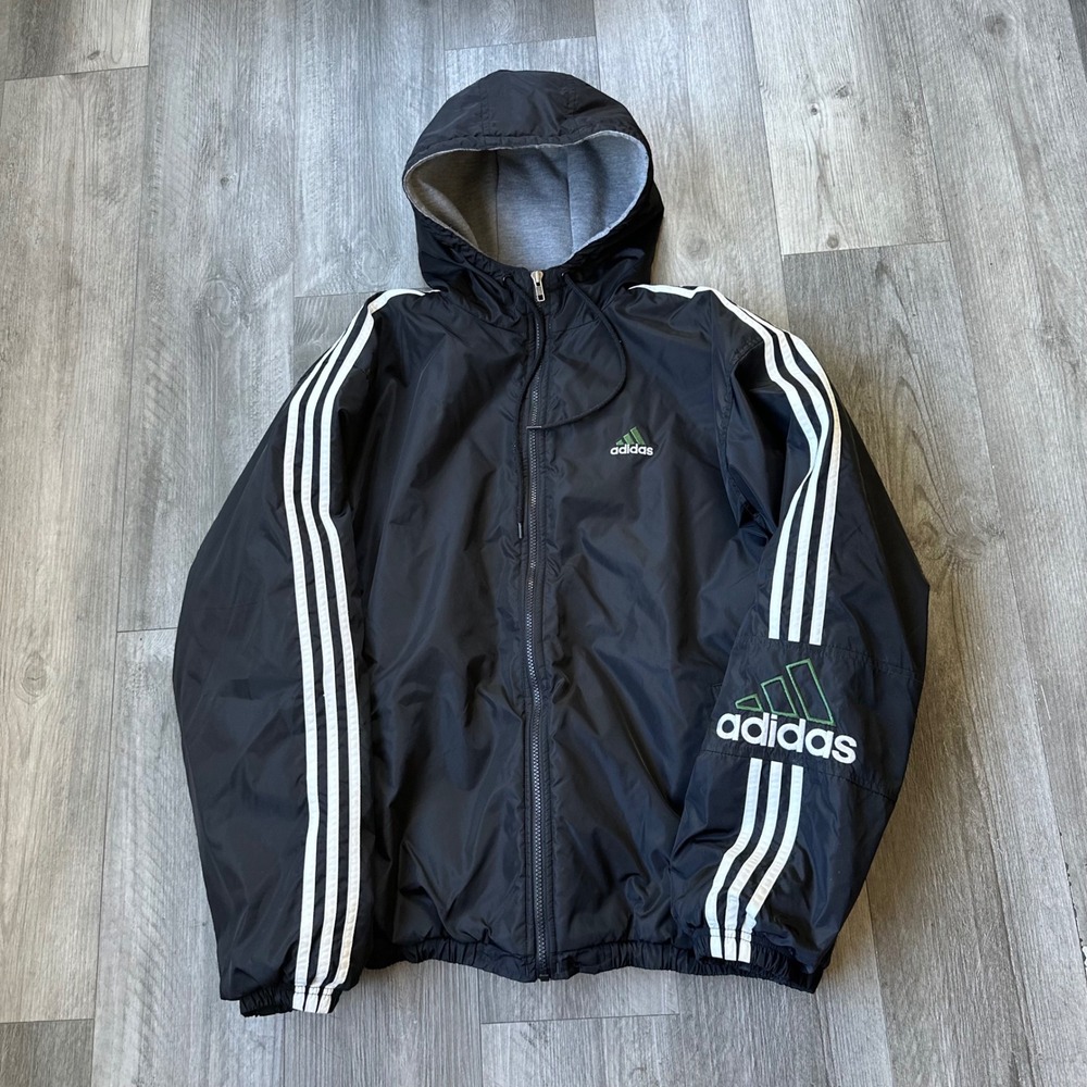Vintage Y2K Adidas Black Hooded Windbreaker Jacket White Stripes Men's M